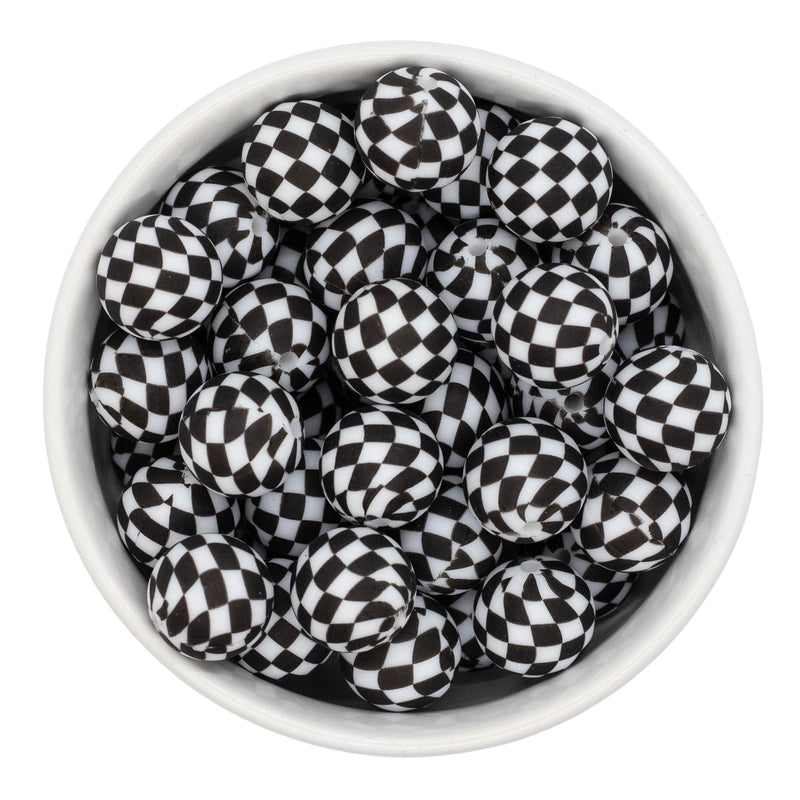 Black & White Check Printed Silicone Beads 15mm (Package of 10)