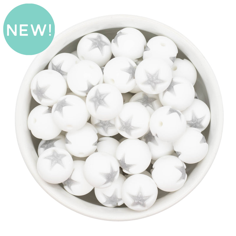 White w/Silver Star Inlay Silicone Beads 15mm (Package of 10)