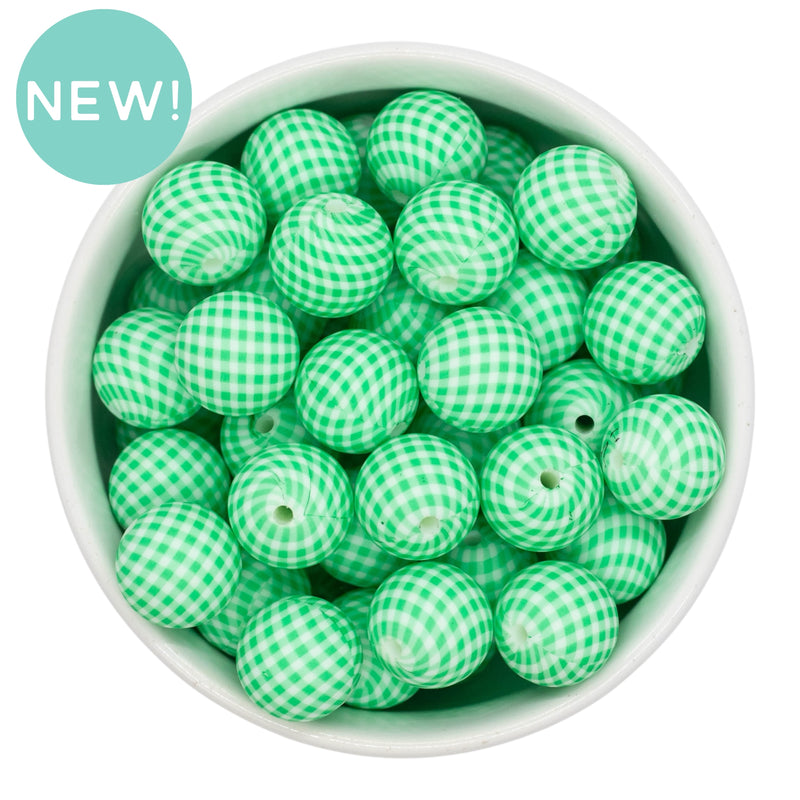 Green Gingham Printed Silicone Beads 15mm (Package of 10)