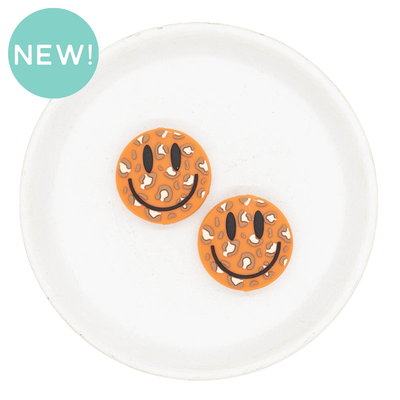 Neutral Leopard Smiley Face Silicone Focal Bead (Package of 2)