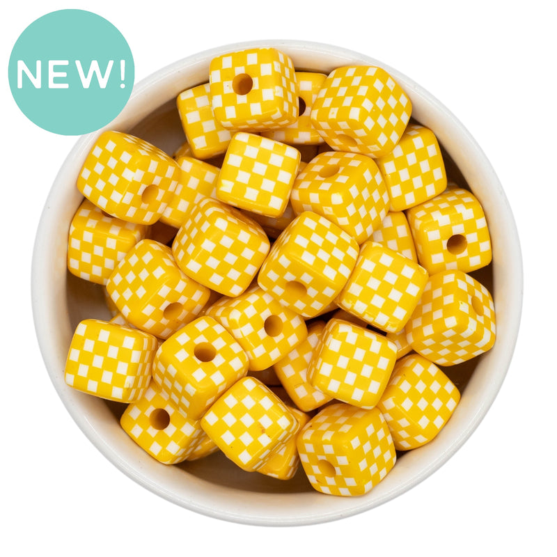Yellow and White Check Square Beads 14mm Square, 16mm Diagonal (Package of 10)