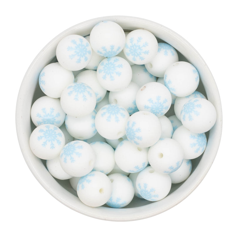 White w/Blue Snowflake Printed Silicone Beads 15mm (Package of 10)