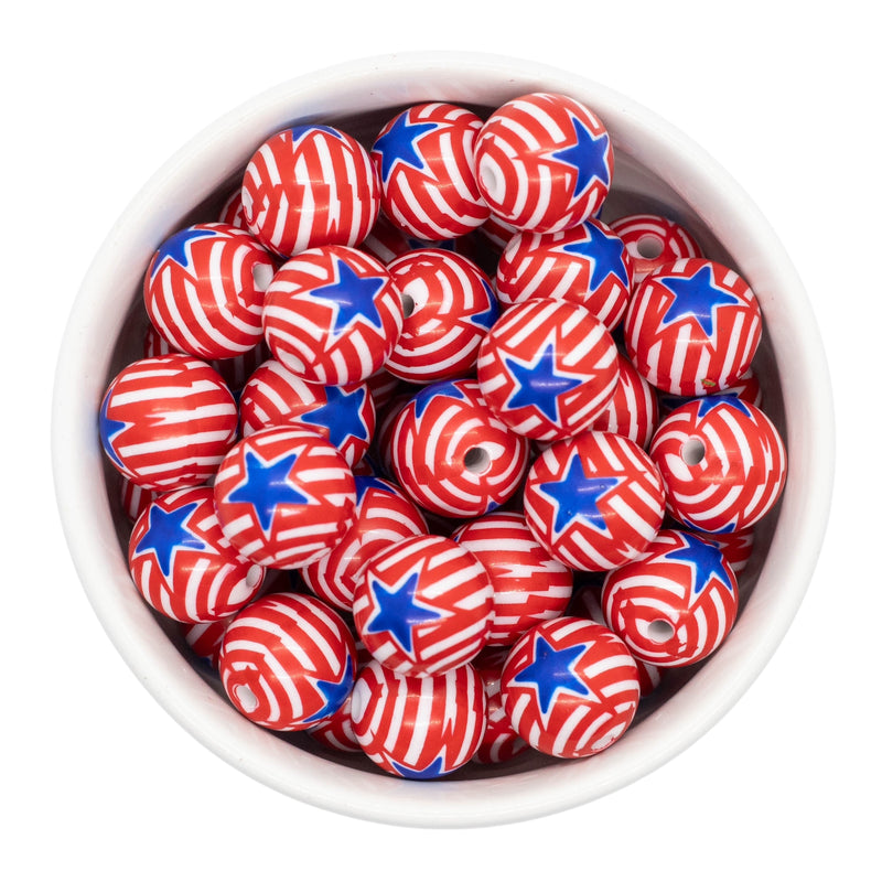 Red Stripe w/Blue Star Printed Beads 16mm (Package of 10)