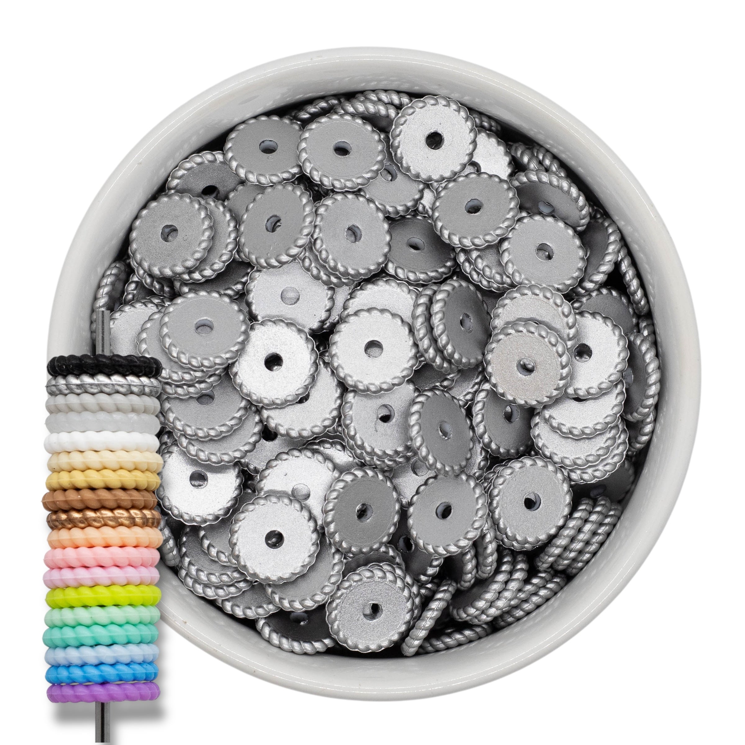 Silver Rope Edge Metallic Silver Rope Edge Silicone Spacer Beads 12x2mm (Package of 20)