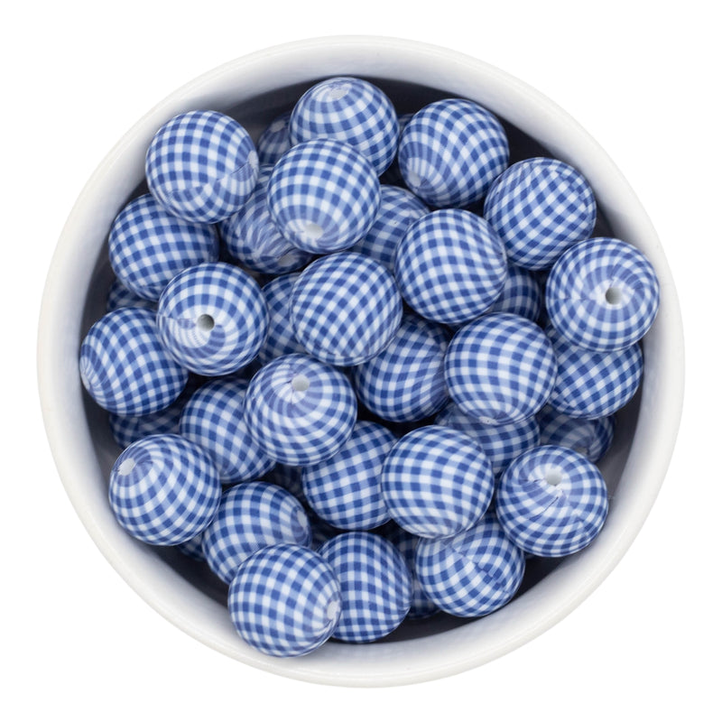 Blue Gingham Printed Silicone Beads 15mm (Package of 10)