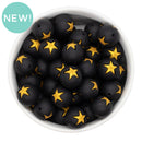 Black w/Gold Star Inlay Silicone Beads 15mm (Package of 10)