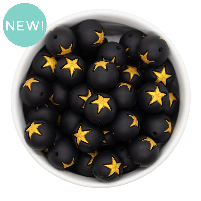 Black w/Gold Star Inlay Silicone Beads 15mm (Package of 10)