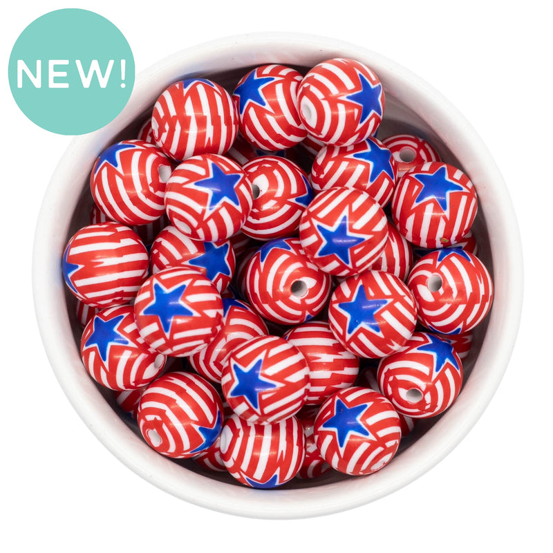 Red Stripe w/Blue Star Printed Beads 16mm (Package of 10)