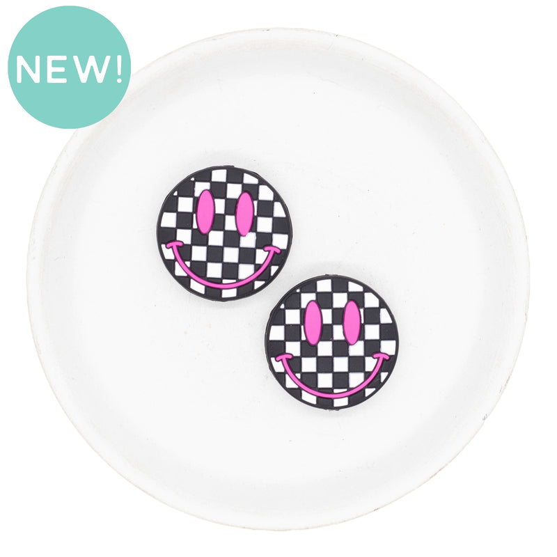 Black & White Check w/Hot Pink Smiley Silicone Focal Bead 28mm (Package of 2)