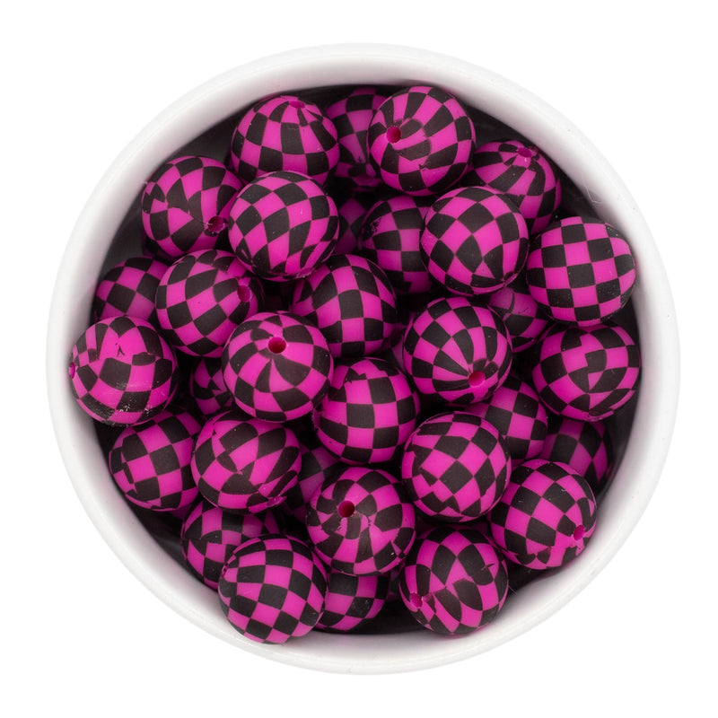 Black & Hot Pink Check Printed Silicone Beads 15mm (Package of 10)