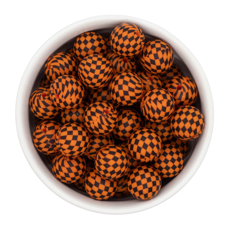 Black & Orange Check Printed Silicone Beads 15mm (Package of 10)