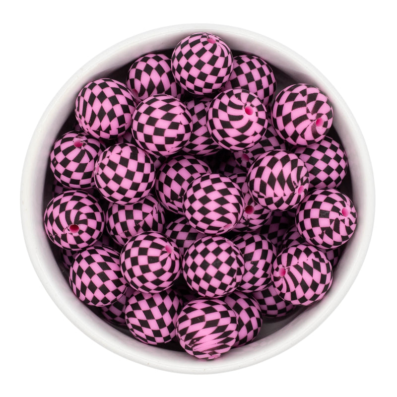 Black & Bubblegum Pink Check Printed Silicone Beads 15mm (Package of 10)