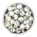 White w/Multicolor Leaves Printed Silicone Beads 15mm (Package of 10)