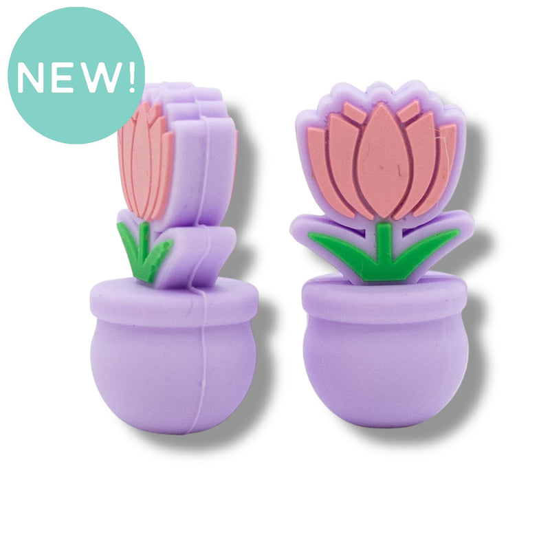 3-D Tulip in Lavender Flower Pot Silicone Focal Bead 29x15x14mm (Package of 2)
