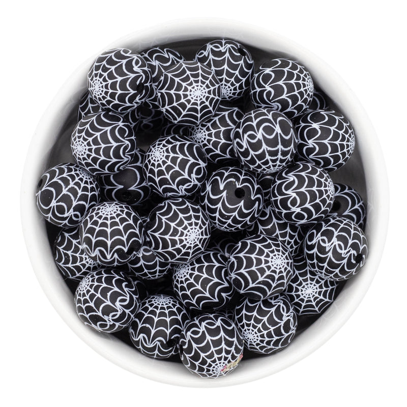 Black w/White Spiderweb Printed Silicone Beads 15mm (Package of 10)