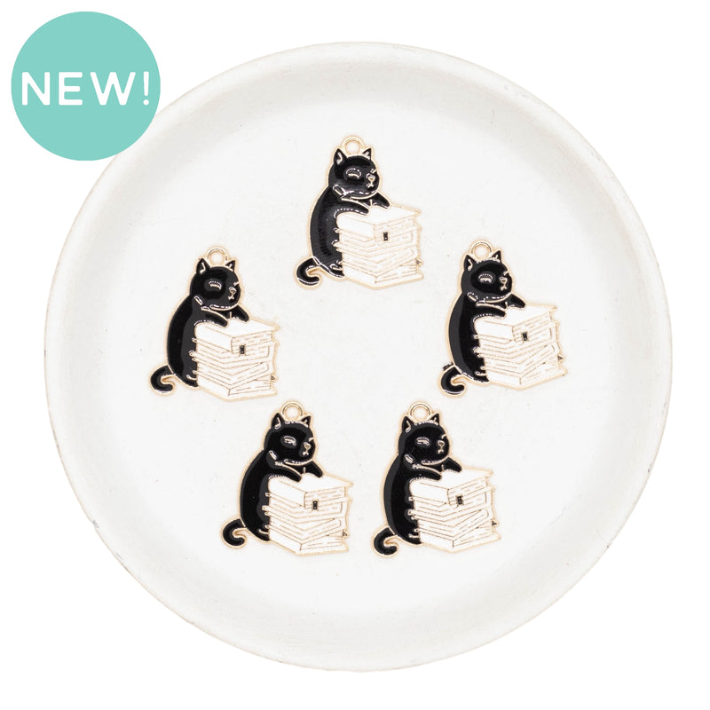Cat w/Book Stack Enamel Charm 26x22mm (Package of 5)