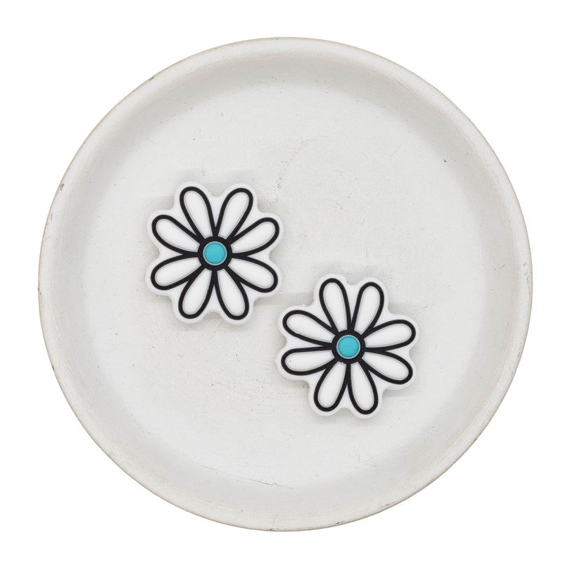 White Daisy w/Blue Center Silicone Focal Bead 32mm (Package of 2)