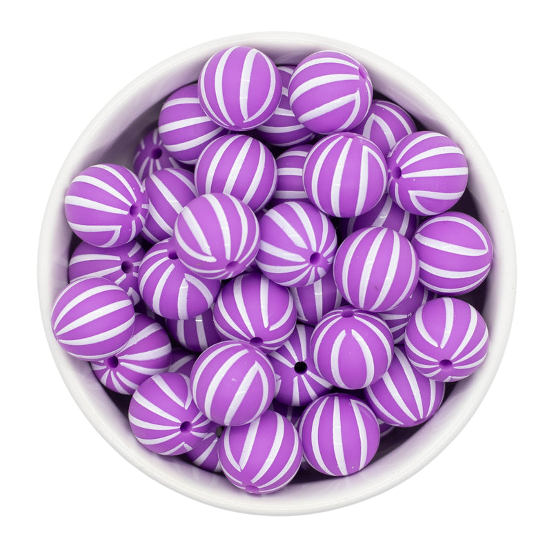 Orchid w/White Horizontal Stripe Printed Silicone Beads 15mm (Package of 10)