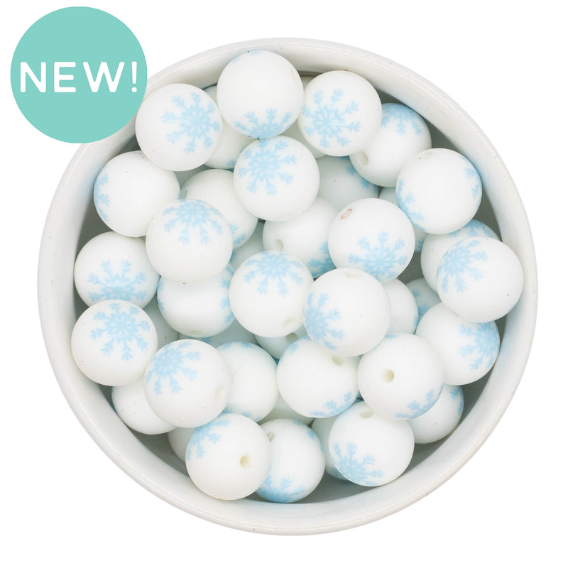 White w/Blue Snowflake Printed Silicone Beads 15mm (Package of 10)