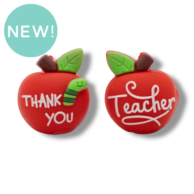 3-D Teacher Apple w/Thank You & Worm on Reverse Side Silicone Focal Bead 26x22x19mm (Package of 2)