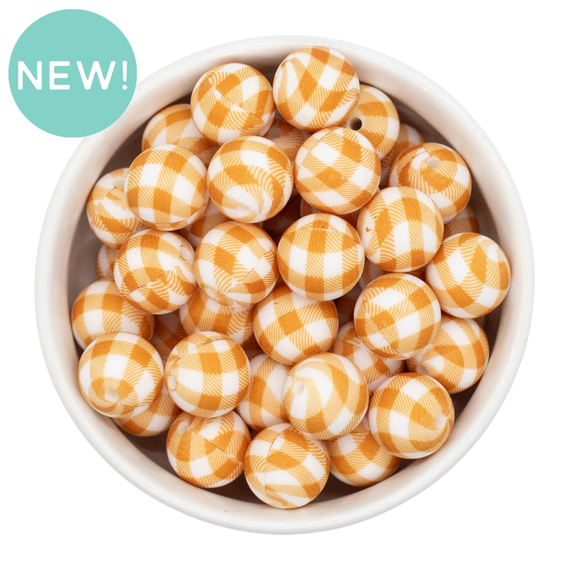 Burnt Orange Plaid Printed Silicone Beads 15mm (Package of 10)