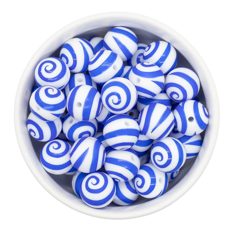 Royal Blue Swirl Printed Silicone Beads 15mm (Package of 10)