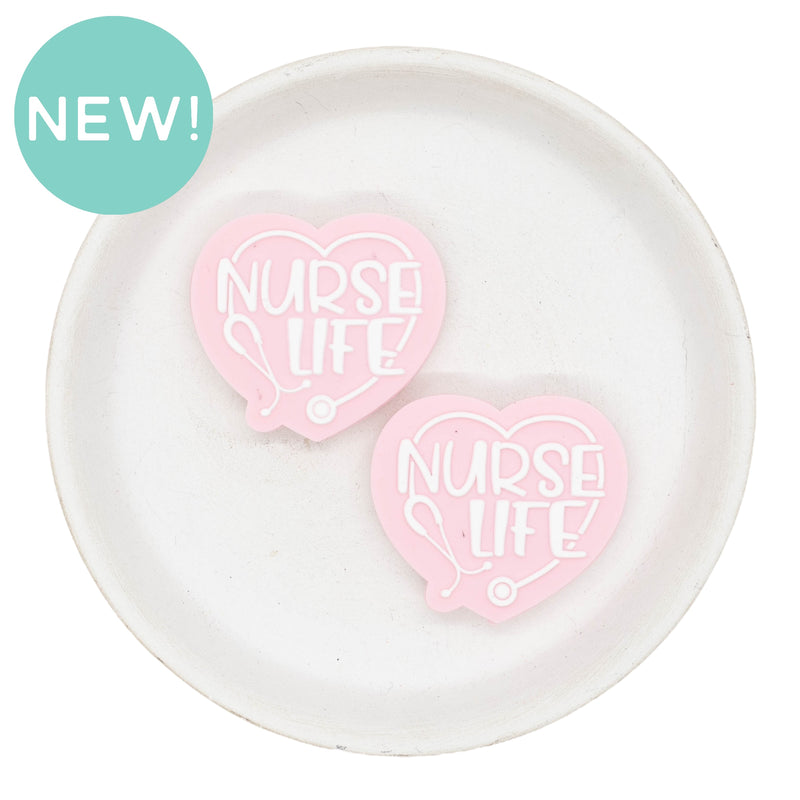 Pink Heart Nurse Life Silicone Focal Bead 34x38mm (Package of 2)