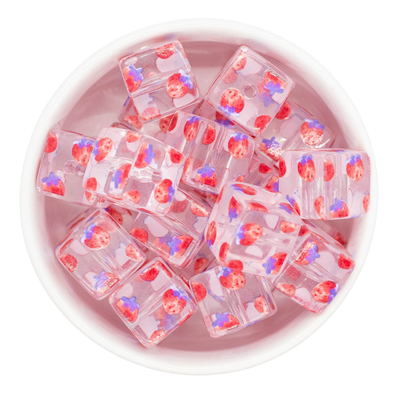 Strawberry Printed Translucent Square Beads 16mm Square, 20mm Diagonal (Package of 5)