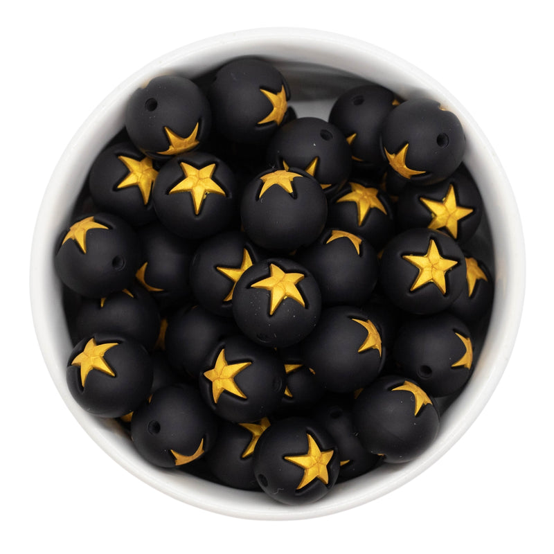 Black w/Gold Star Inlay Silicone Beads 15mm (Package of 10)