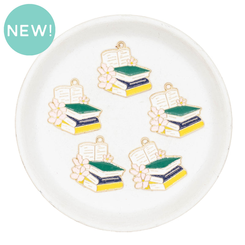 Stack of Books w/Flowers Enamel Charm 28x27mm (Package of 5)