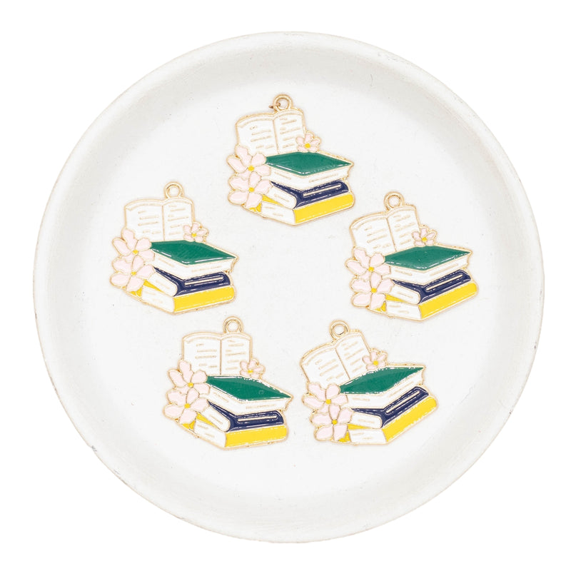 Stack of Books w/Flowers Enamel Charm 28x27mm (Package of 5)