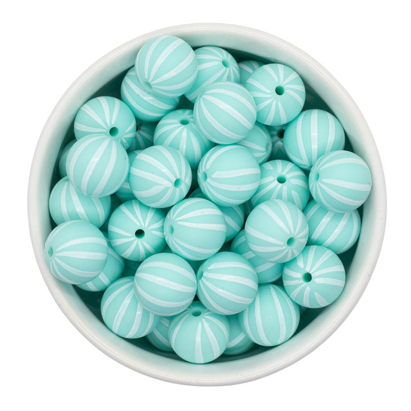 Fresh Mint w/White Horizontal Stripe Printed Silicone Beads 15mm (Package of 10)