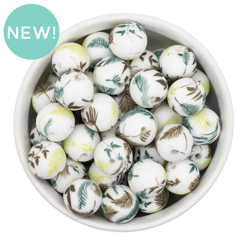 White w/Multicolor Leaves Printed Silicone Beads 15mm (Package of 10)