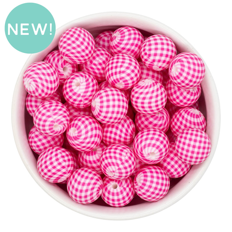 Hot Pink Gingham Printed Silicone Beads 15mm (Package of 10)