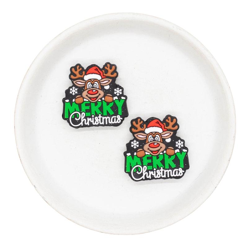 Merry Christmas Reindeer Silicone Focal Bead 30x31mm (Package of 2)