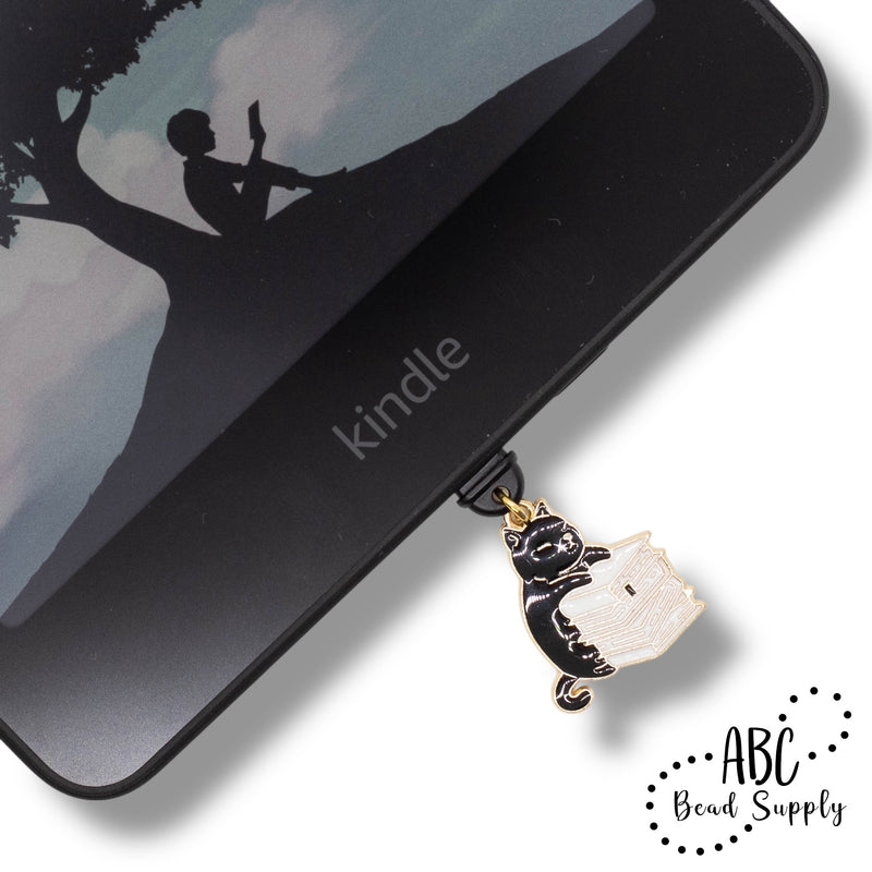 Cat w/Book Stack Enamel Charm 26x22mm (Package of 5)