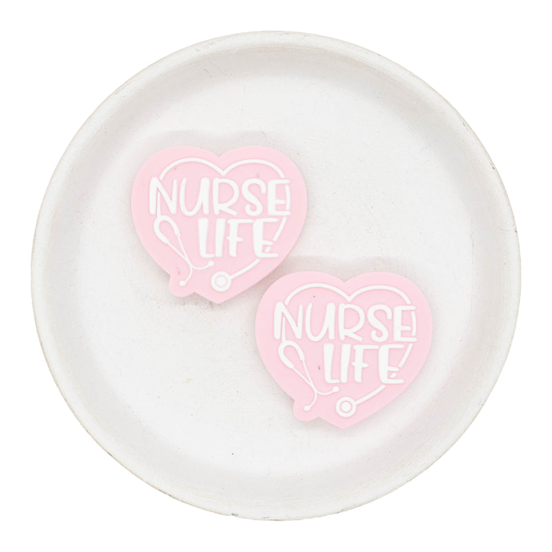 Pink Heart Nurse Life Silicone Focal Bead 34x38mm (Package of 2)