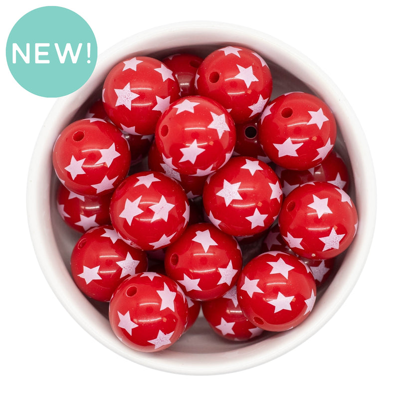 Red & White Star Overlay Printed Beads 20mm (Package of 10)
