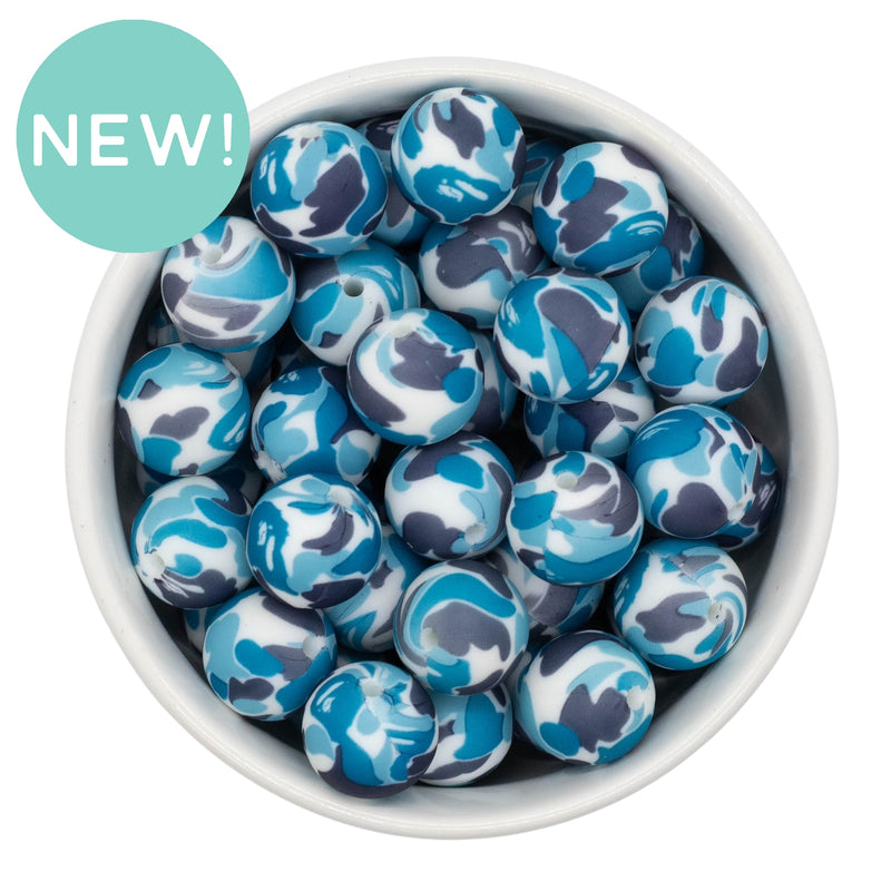 Blue Camouflage Printed Silicone Beads 15mm