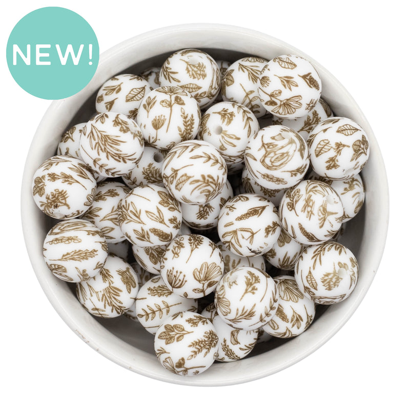White w/Brown Printed Silicone Beads 15mm (Package of 10)