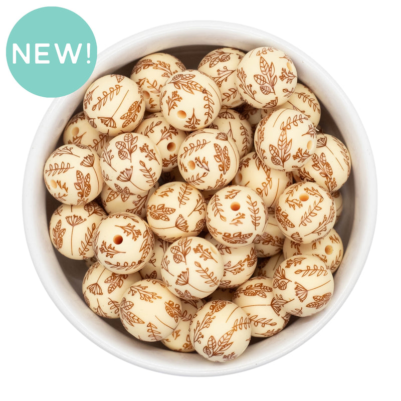 Cream w/Cinnamon Printed Silicone Beads 15mm (Package of 10)