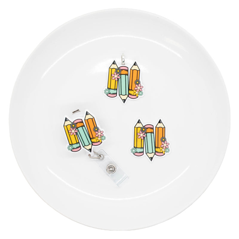Pencil Trio w/Flowers Acrylic Accent 39x42mm (Package of 1)