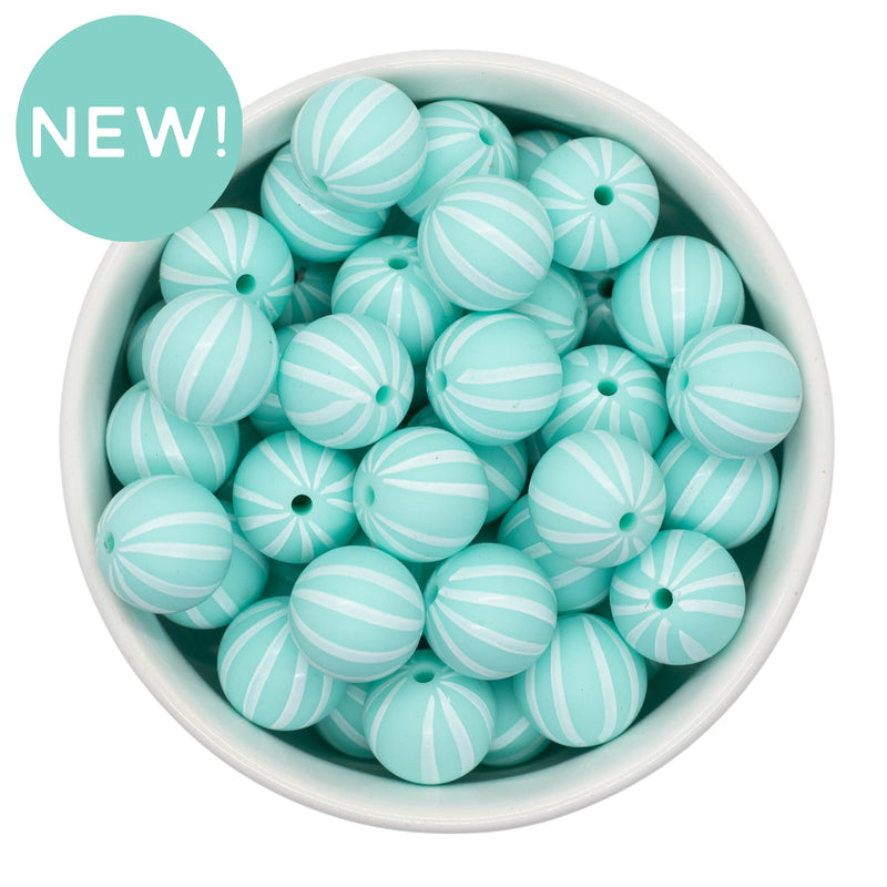 Fresh Mint w/White Horizontal Stripe Printed Silicone Beads 15mm (Package of 10)