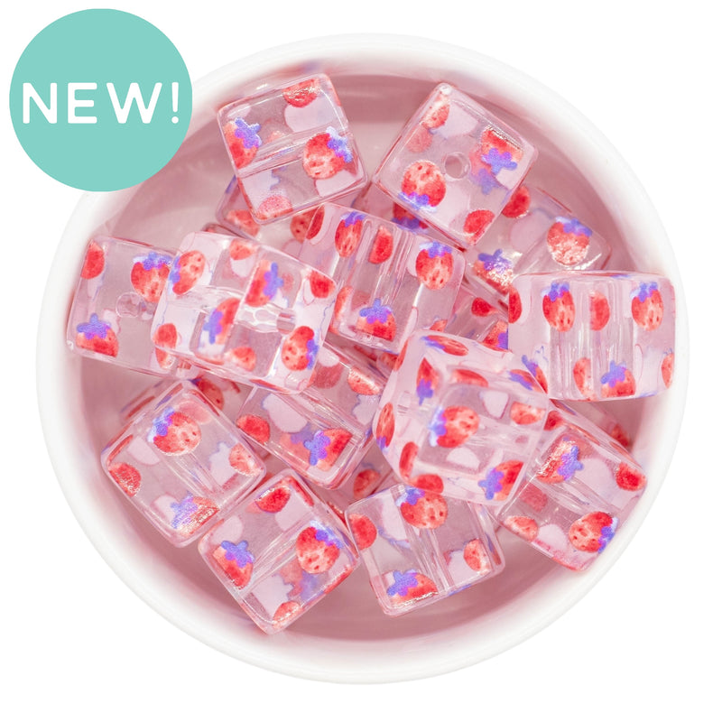 Strawberry Printed Translucent Square Beads 16mm Square, 20mm Diagonal (Package of 5)