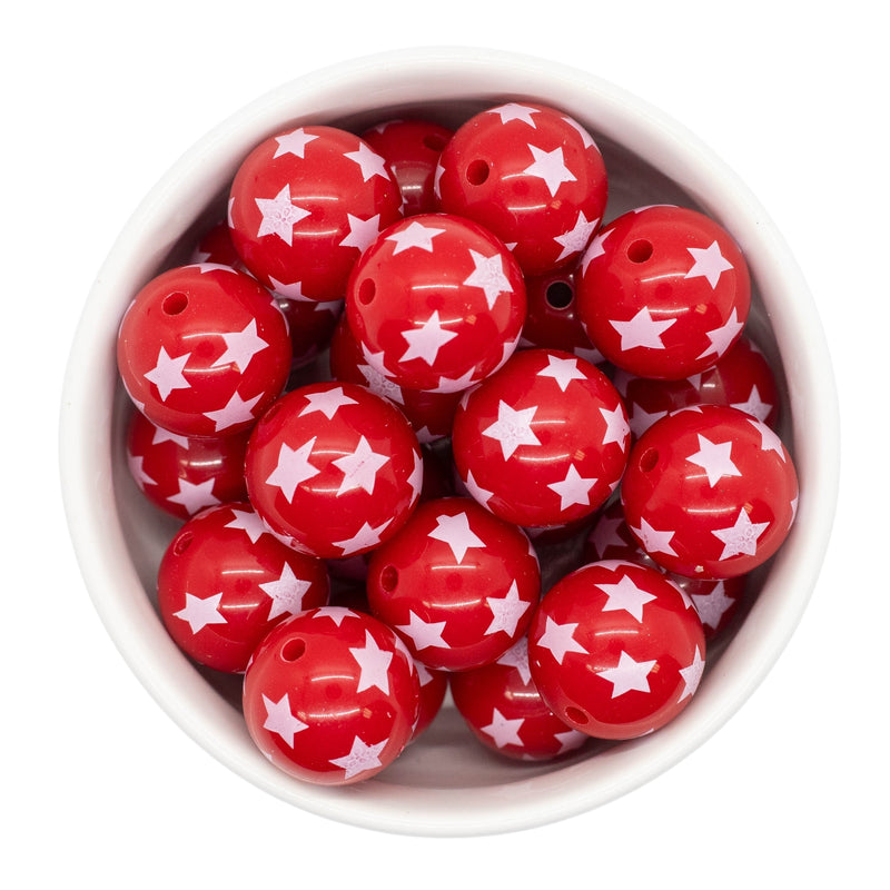 Red & White Star Overlay Printed Beads 20mm (Package of 10)