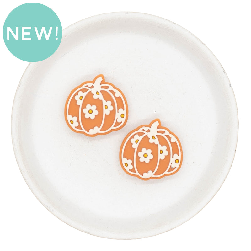 Terra Cotta Pumpkin w/Daisies Silicone Focal Bead 28x29mm (Package of 2)