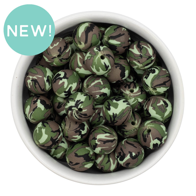 Green Camouflage Printed Silicone Beads 15mm