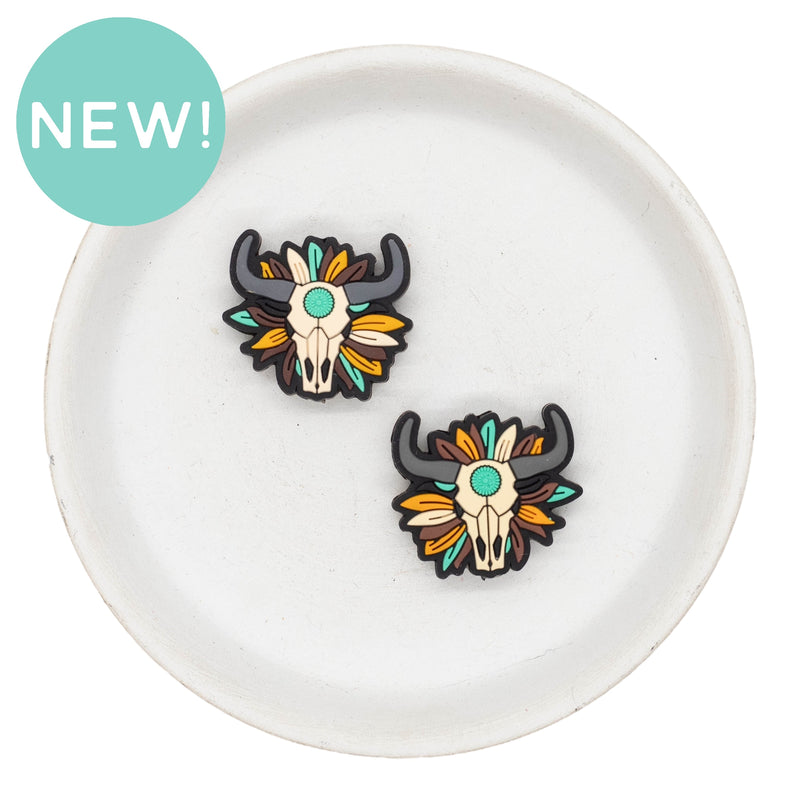 Longhorn Skull w/Boho Flower Silicone Focal Bead 25x28mm (Package of 2)