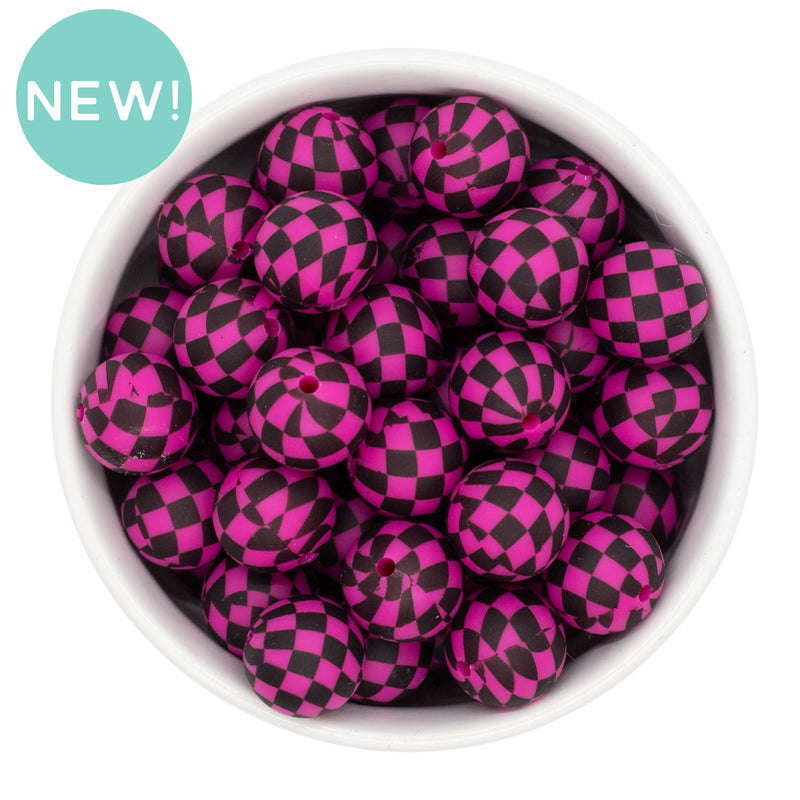 Black & Hot Pink Check Printed Silicone Beads 15mm (Package of 10)