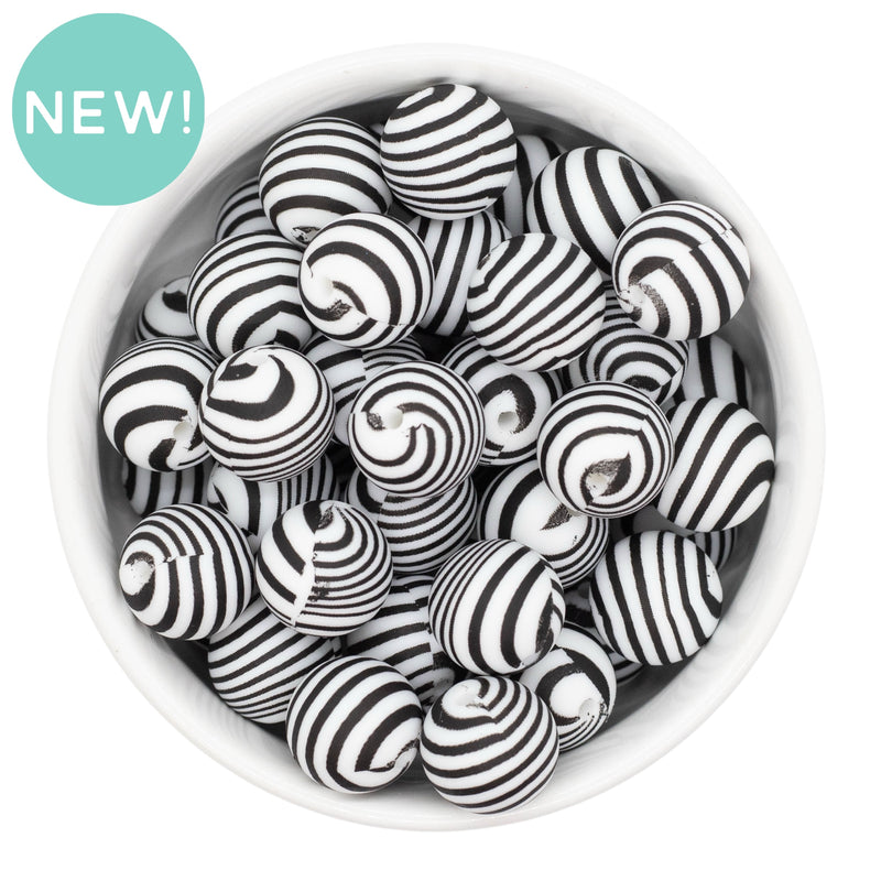 Black Swirl Stripe Printed Silicone Beads 15mm (Package of 10)